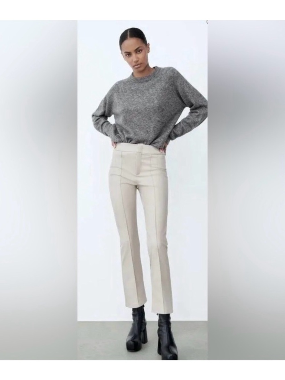 Zara Cream Faux Leather Boot-Cut Seam-Front Pants
